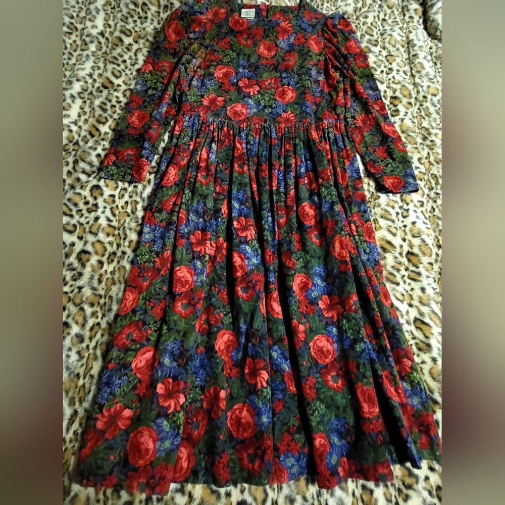 Vintage Laura Ashley Size 12 Corduroy Floral Garden Dress Gathered Zipper NICE - Picture 9 of 10